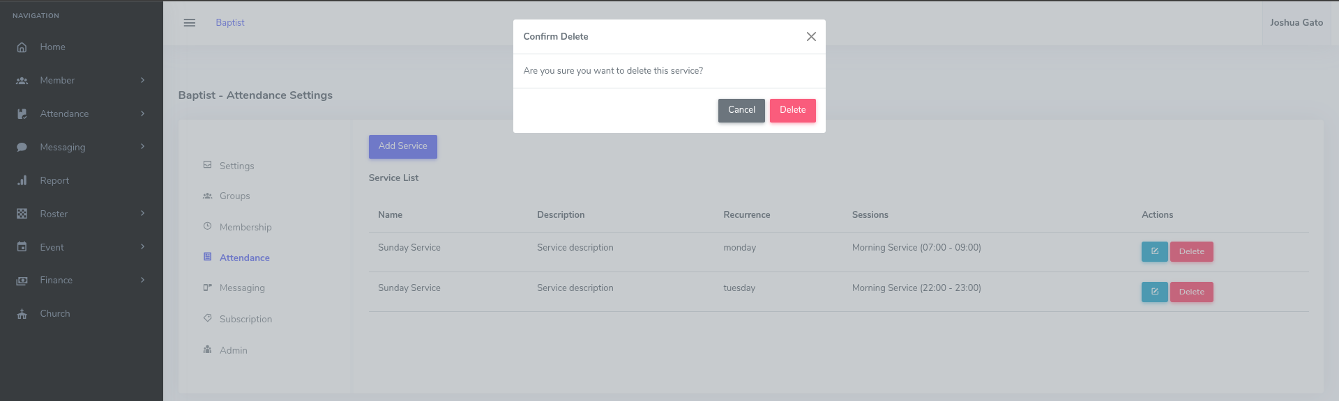 Delete Service Confirmation