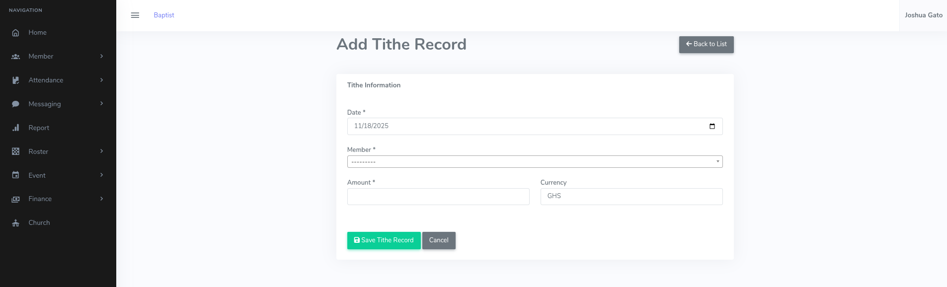 Add Tithe Record Form