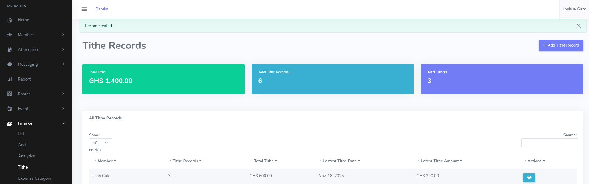 Add Tithe Record Success