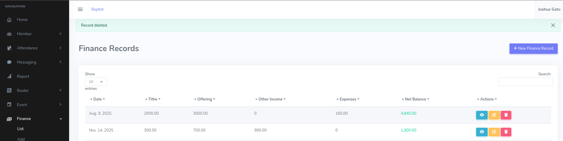 Finance Record Delete Success