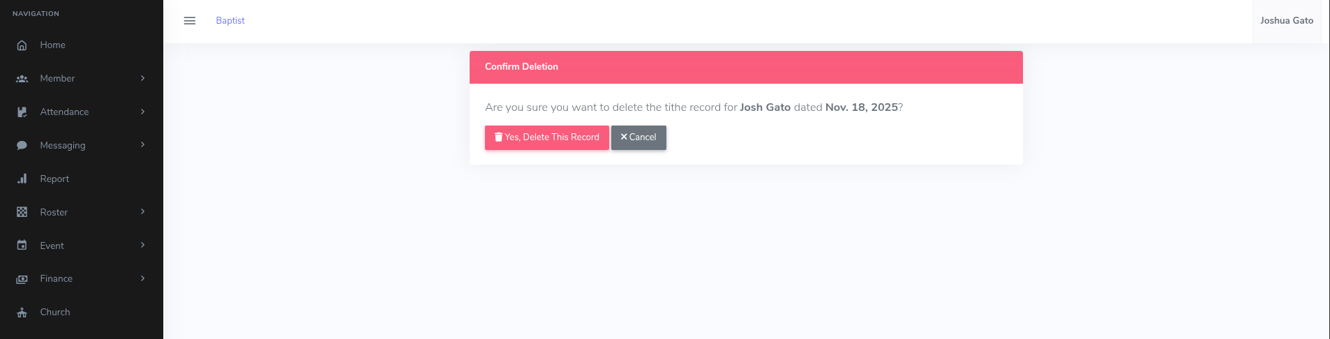 Tithe Record Delete Confirmation