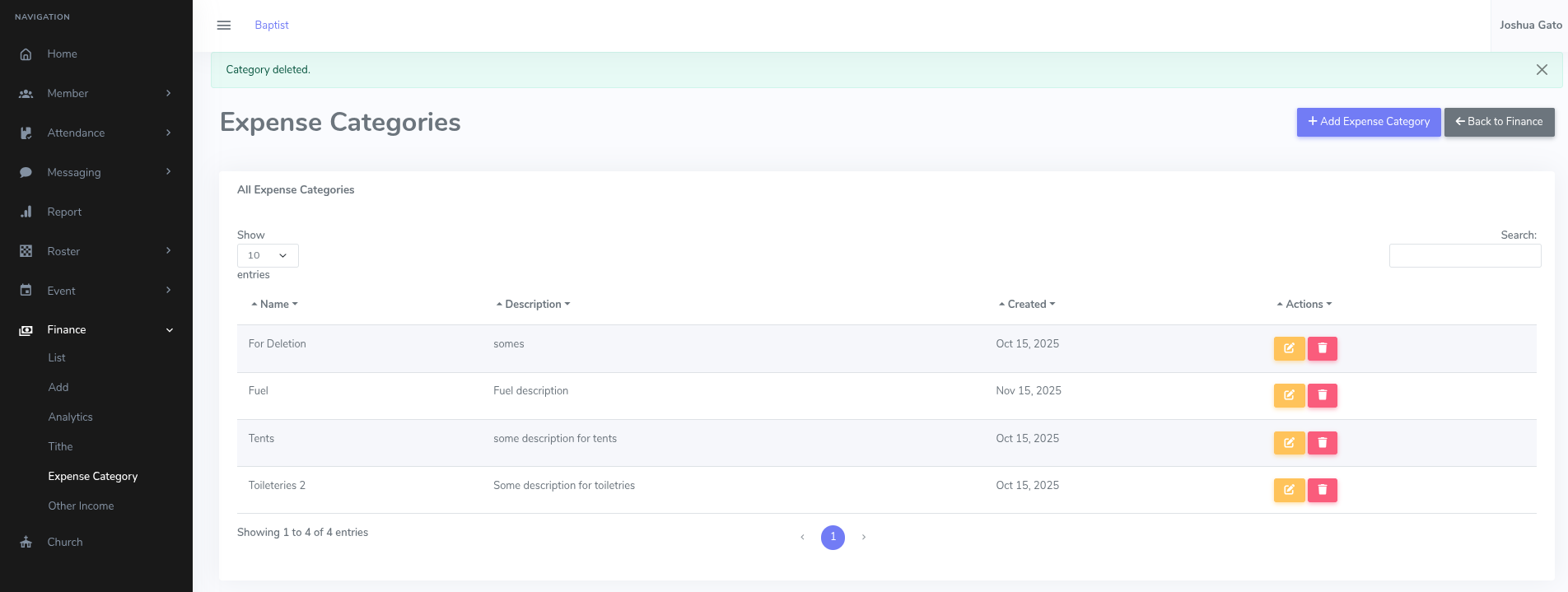 Expense Category Delete Success