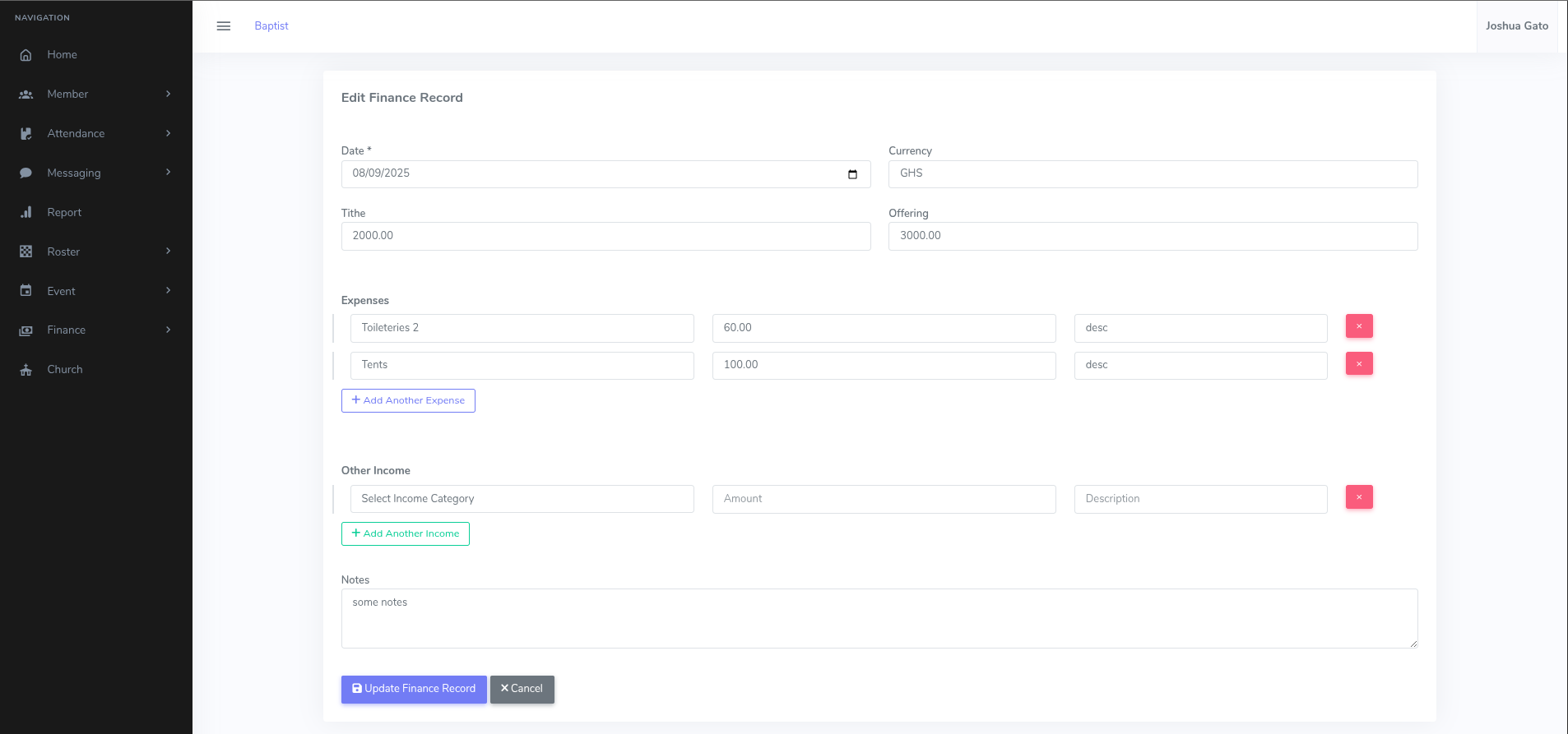 Finance Details Update Form