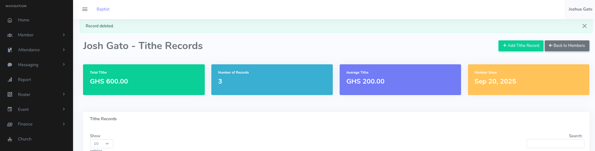 Tithe Record Delete Success