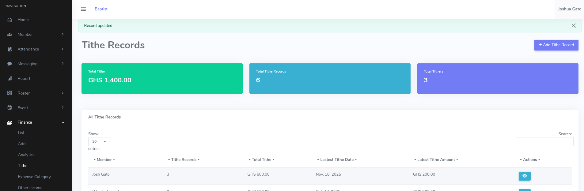 Tithe Details Update Success