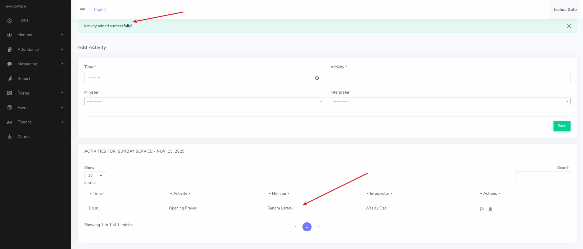 Add Activity Success